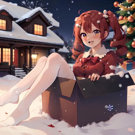 (high quality), (((aboxofkawaii))), (1woman, solo, thighhighs), (looking up, sitting), christmas, house behind, snow, (depth of field), <lora:abok_l0ra:1>