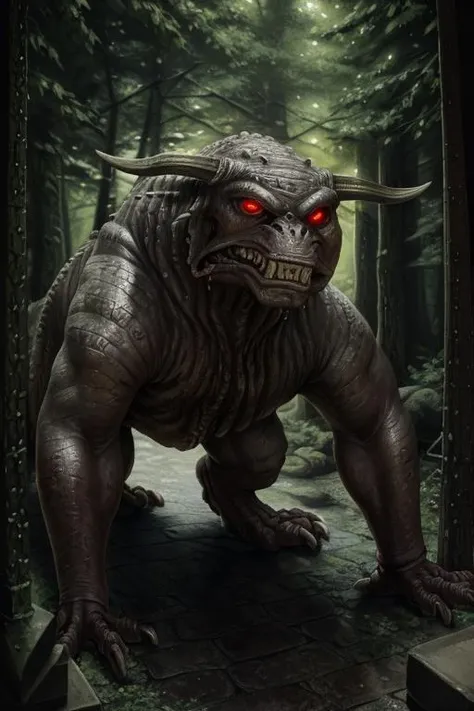 <lora:terrordog-0.2-000001:1> terrordog, (feral:1.1), solo, looking at viewer, canine penis, balls, glowing eyes, teeth, <lora:fluffyrock-quality-tags-v2.1.1-vpred:1> (best quality:0.8), [best quality, shaded, extreme detail, highly detailed, ultradetailed, intricate, realistic], detailed background, dark skin, horn, (saliva:0.8), monster, (demon, scales:0.8), claws, (short tail:0.8), knot, anatomically correct penis
