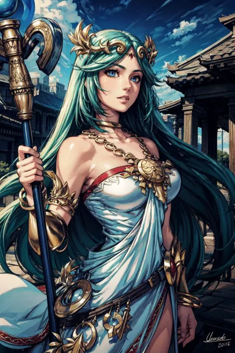 thick outlines, comics, photorealistic, 1girl, solo, <lora:PalutenaV3:1>, IncrsPalutena, white dress, staff, jewelry, temple, sky, detailed background, detailed face, detailed eyes, <lora:add_detail:0.7>