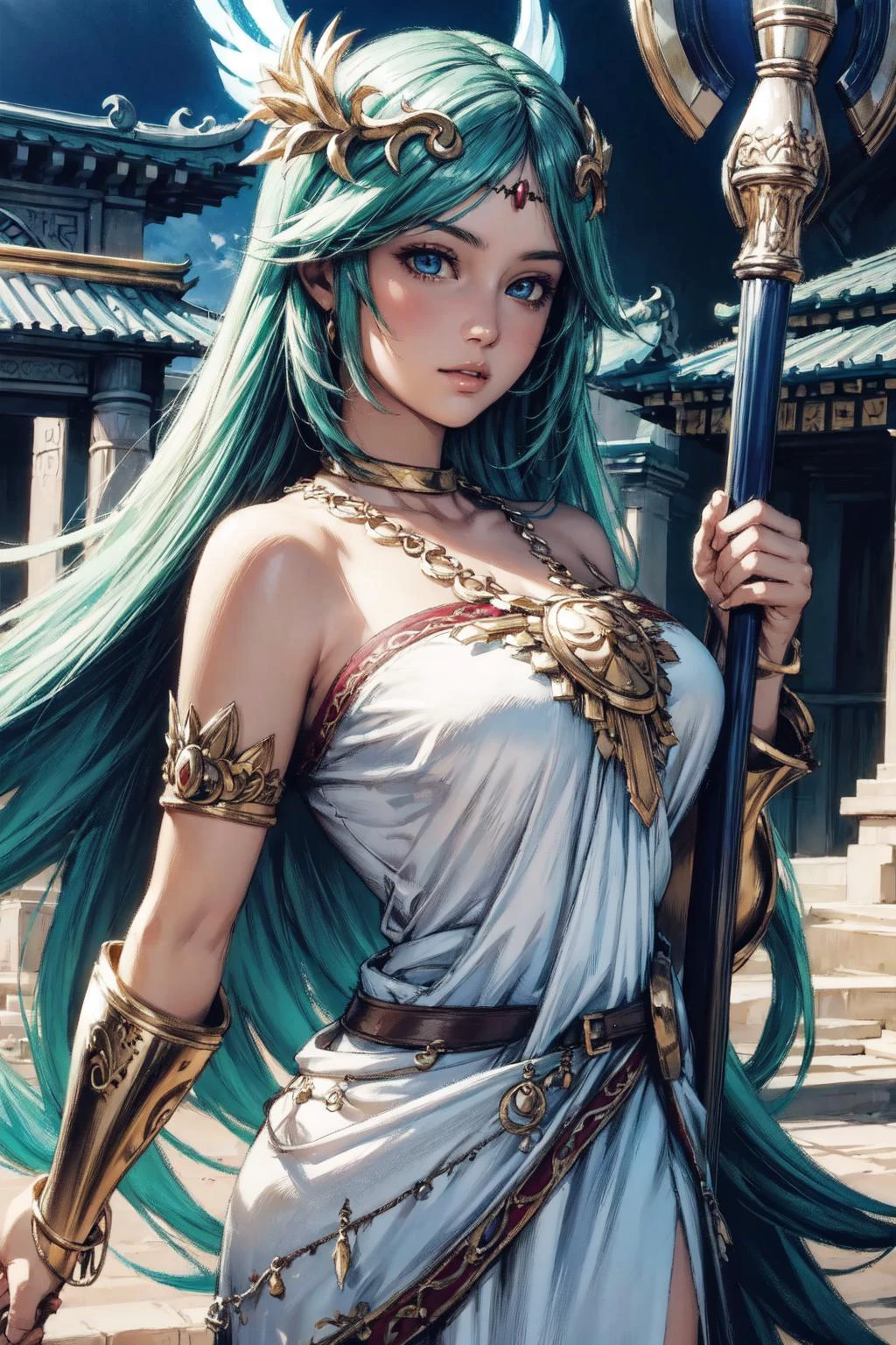 thick outlines, comics, photorealistic, 1girl, solo, <lora:PalutenaV3:1>, IncrsPalutena, white dress, staff, jewelry, temple, sky, detailed background, detailed face, detailed eyes, <lora:add_detail:0.7>