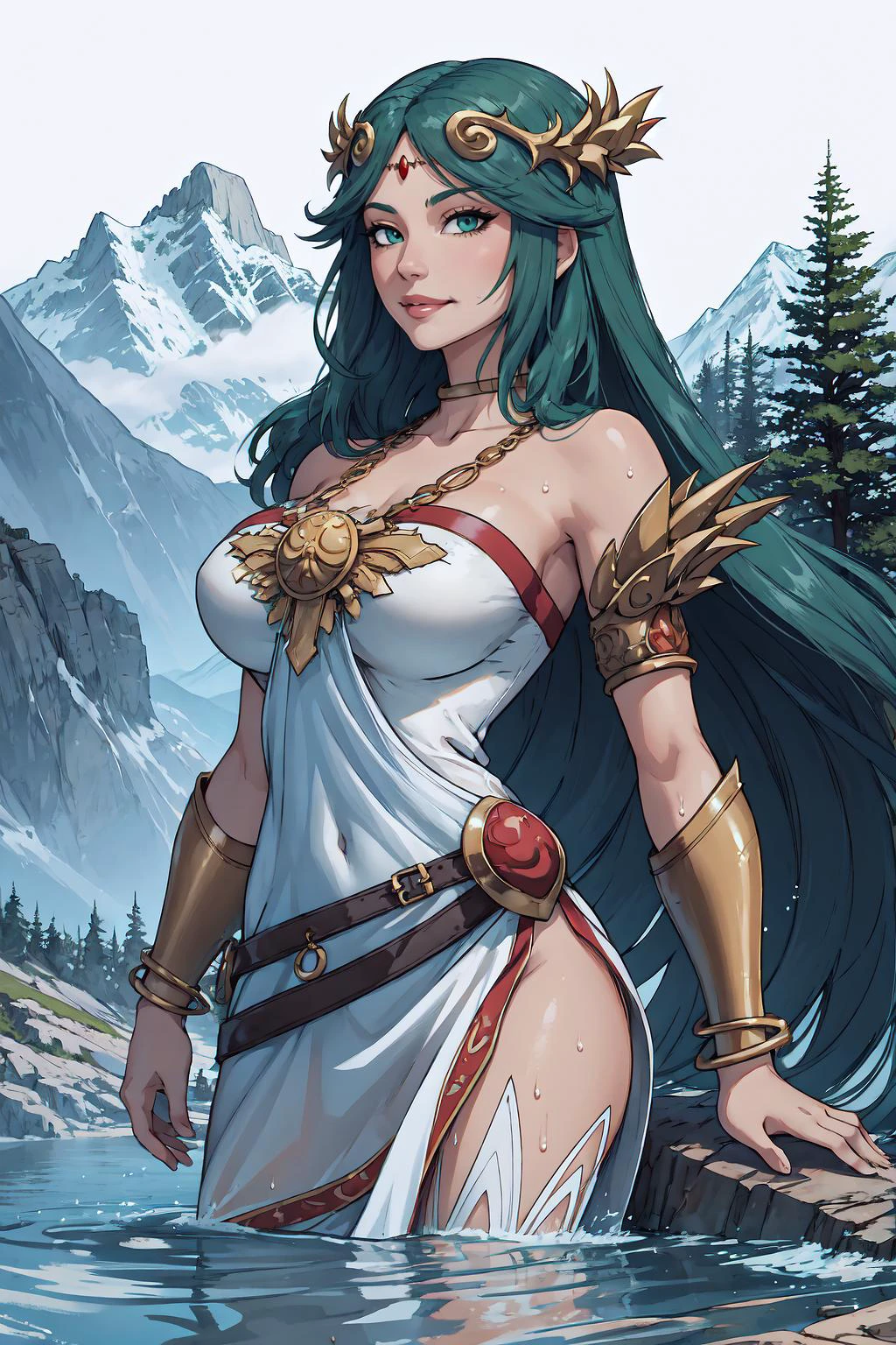 IncrsPalutena, jewelry, white dress, <lora:Char_KI_Palutena:1>, white background, scenery, ink, mountains, water, trees, long hair, 1girl, smirk, seductive smile,