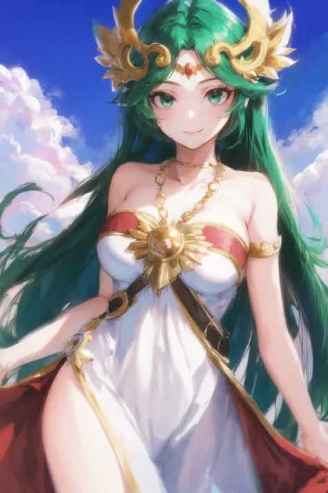 Highly detailed, High Quality, Masterpiece, beautiful, sharp focus, shiny skin, best quality, perfect anatomy:1.4, high detailed, 8k, highres, lineart, sketch, (masterpiece:1.4), (highest quality:1.4), (sharp focus:1.2), (colored:1.3), (digital painting:1.1), 8k wallpaper, (tight gap:1.2), Palutena, 1girl, solo, long hair, breasts, bangs, large breasts, bare shoulders, very long hair, green eyes, collarbone, green hair, dress, necklace, white dress, parted bangs, strapless, tiara, strapless dress, pendant, neck ring, forehead jewel, gold, laurel crown, <lora:Char_KI_Palutena:0.7>, cowboy shot, smile, detailed background, cloudy sky,