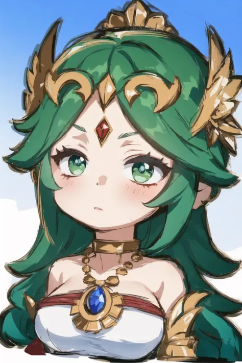 Highly detailed, High Quality, Masterpiece, beautiful, sharp focus, shiny skin, best quality, perfect anatomy:1.4, high detailed, 8k, highres, lineart, sketch, (masterpiece:1.4), (highest quality:1.4), (sharp focus:1.2), (colored:1.3), (digital painting:1.1), 8k wallpaper, (tight gap:1.2), Palutena, 1girl, solo, long hair, breasts, bangs, large breasts, bare shoulders, very long hair, green eyes, collarbone, green hair, dress, necklace, white dress, parted bangs, strapless, tiara, strapless dress, pendant, neck ring, forehead jewel, gold, laurel crown, <lora:Char_KI_Palutena:0.7>, chibi, <lora:Style_GenshinStickerChibi:1>