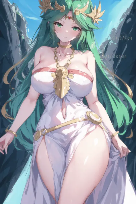 Highly detailed, High Quality, Masterpiece, beautiful, sharp focus, shiny skin, best quality, perfect anatomy:1.4, high detailed, 8k, highres, lineart, sketch, (masterpiece:1.4), (highest quality:1.4), (sharp focus:1.2), (colored:1.3), (digital painting:1.1), 8k wallpaper, (tight gap:1.2), Palutena, 1girl, solo, long hair, breasts, bangs, large breasts, bare shoulders, very long hair, green eyes, collarbone, green hair, dress, necklace, white dress, parted bangs, strapless, tiara, strapless dress, pendant, neck ring, forehead jewel, gold, laurel crown, <lora:Char_KI_Palutena:0.7>, cowboy shot, smile, aztodio, <lora:Style_AztoDio:0.6>