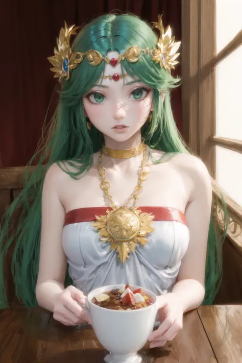 Highly detailed, High Quality, Masterpiece, beautiful, sharp focus, shiny skin, best quality, perfect anatomy:1.4, high detailed, 8k, highres, lineart, sketch, (masterpiece:1.4), (highest quality:1.4), (sharp focus:1.2), (colored:1.3), (digital painting:1.1), 8k wallpaper, (tight gap:1.2), Palutena, 1girl, solo, long hair, breasts, bangs, large breasts, bare shoulders, very long hair, green eyes, collarbone, green hair, dress, necklace, white dress, parted bangs, strapless, tiara, strapless dress, pendant, neck ring, forehead jewel, gold, laurel crown, <lora:Char_KI_Palutena:0.7>, hiqcgbody, (anime:1.2), <lora:Style_Hipoly3DModel:0.5>, food, simple background, elbows on table, cup, blurry background, indoors, upper body, <lora:Pos_AcrossTable:1>