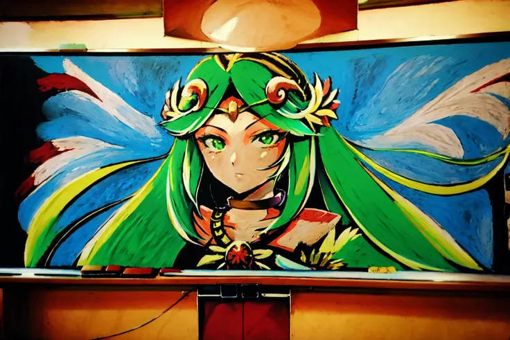 Highly detailed, High Quality, Masterpiece, beautiful, Palutena, <lora:Palutena:0.8>, 1girl, solo, green hair, mature female, chalkboard, traditional media, <lora:Pos_BlackboardDrawing:1>