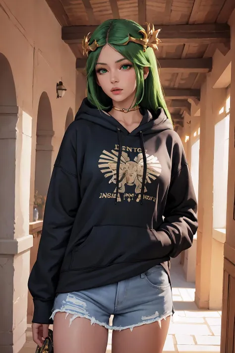 High Quality, Masterpiece, IncrsPalutena, jewelry, <lora:PalutenaV3:1>, cowboy shot, edgNoire, hoodie, ([black dress, short skirt|hoodie]::0.5), <lora:Outfit_NoireHoodies:0.8>, green eyes,
