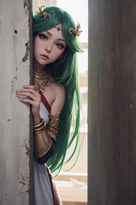 High Quality, Masterpiece, IncrsPalutena, jewelry, white dress, <lora:PalutenaV3:1>, peeking out upper body, <lora:Pos_PeekingOut:1.3>, wall, behind wall