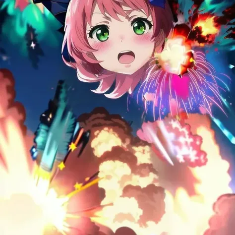 explosion in background, headless, removed body