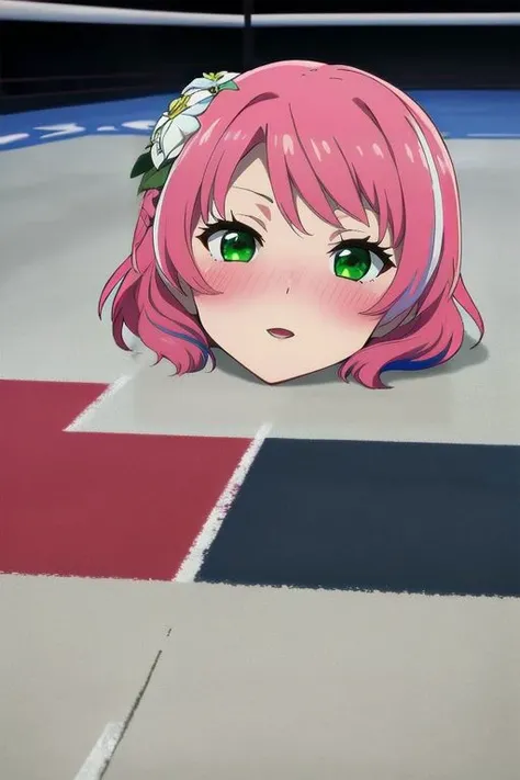 <lora:Fine_Anime_ScreencapV1:0.75> anime screencap style, masterpiece, best quality, clear and detailed image, solo, 1girl, full body shot, (disembodied head on floor in a fight arena), detailed background <lora:alisab-nvwls-v1-final:0.75> alisab, rose, blush, multicolored hair, hair flower, green eyes, <lora:sekibanki-000010:0.5>, (disembodied head), (head), (head on floor)