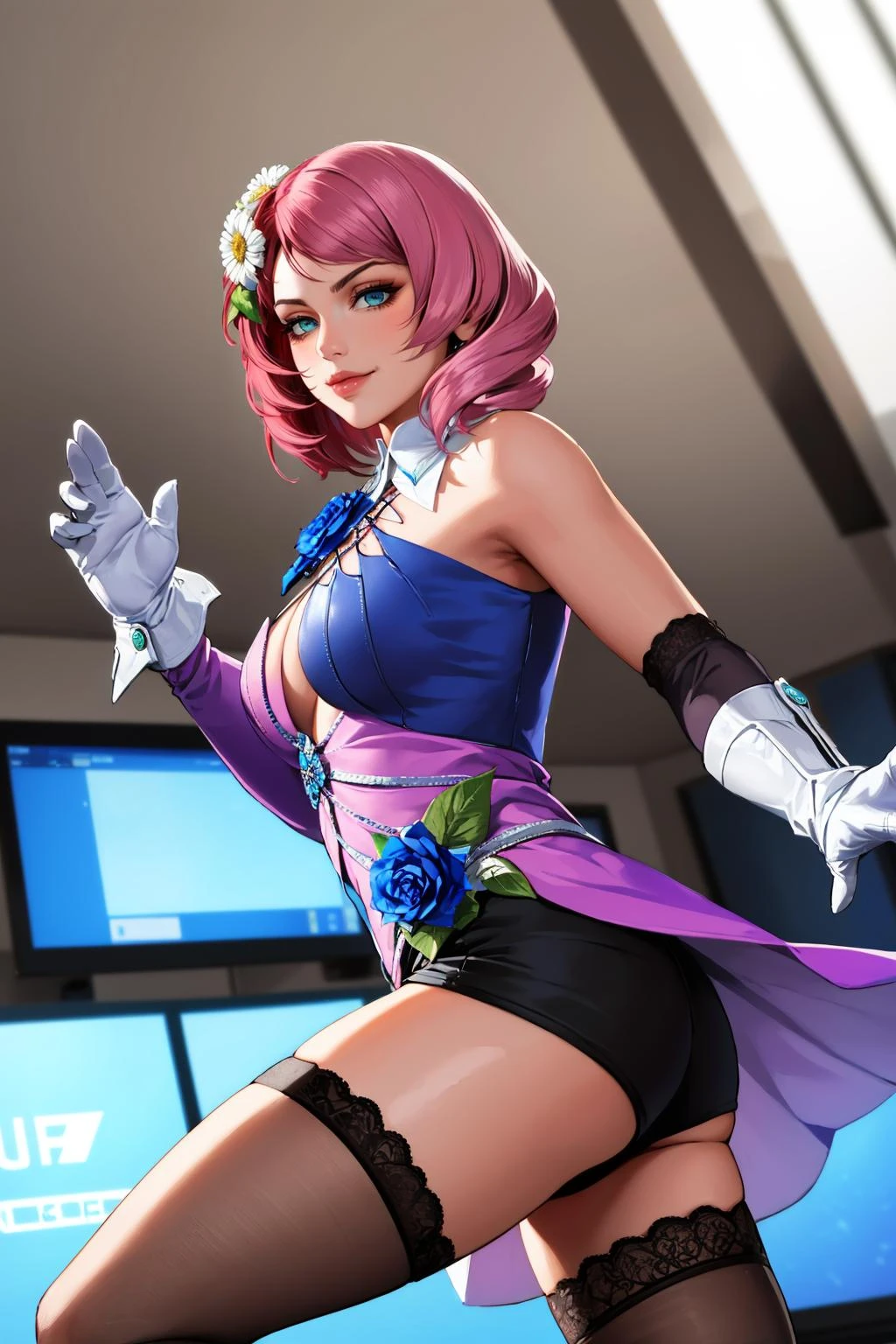 masterpiece, best quality, alisab, multicolored hair, hair flower, dress, cleavage, detached sleeves, white gloves, short shorts, asymmetrical legwear, from side, fighting stance, smirk, futuristic building, indoors <lora:alisab-nvwls-v1-000010:0.9>