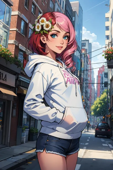 masterpiece, best quality, alisab, multicolored hair, hair flower, white hoodie, shorts, city street, looking at viewer, upper body, smile, hands down <lora:alisab-nvwls-v1-000010:0.9>
