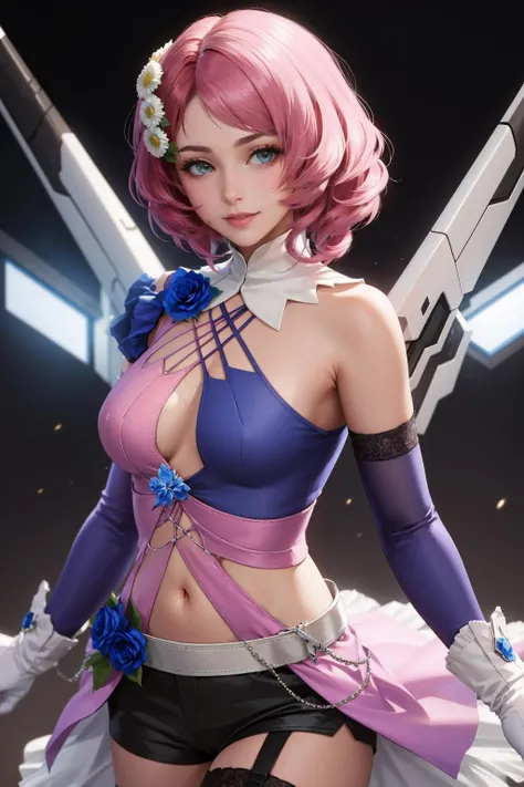 masterpiece, best quality, alisab, multicolored hair, hair flower, dress, cleavage, detached sleeves, white gloves, short shorts, asymmetrical legwear, mechanical wings, upper body, looking at viewer, futuristic city, looking at viewer, smile <lora:alisab-nvwls-v1-000010:0.9>