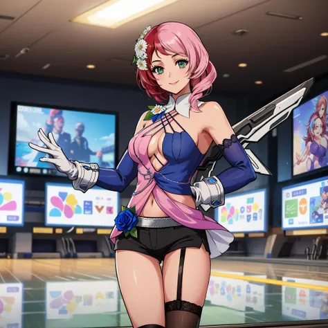 <lora:alisab-nvwls-v1-final:1> alisab, multicolored hair, hair flower, dress, cleavage, detached sleeves, white gloves, short shorts, asymmetrical legwear, mechanical wings
masterpiece, best quality, absurdres, 1girl, smile, bowling alley, bowling, hands behind back