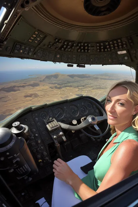 Lebanon, 1950, 25 year old <lora:victoriasmurfit:1> victoriasmurfit, watching an UFO from the cockpit of a hercules C-130 in total awe, masterpiece, tack sharp, 4k, Nikon DSLR