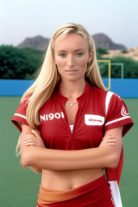 Oman, 1980, 25 year old <lora:victoriasmurfit:1> victoriasmurfit, playing in the foorball league, masterpiece, tack sharp, 4k, Nikon DSLR