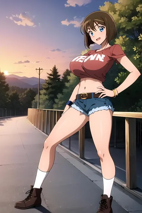 ((masterpiece)),((best quality)),ultra-detailed,illustratio,Explicit,nsfw,Beautiful body,Beautiful Nose,Beautiful character design,perfect eyes,perfect face,wallpaper,ultra highres,4K,photography,(Beautiful, large breasts:1.2),(beautiful face:1.2),(beautiful legs, perfect legs),full body,(meitantei conan \(style\), detecive conan \(style\), meitantei conan),shiny skin,anime screencap,official style,Suzuki Sonoko,1girl, solo, shorts, brown hair, denim, short hair, denim shorts, midriff, blue eyes, boots, hand on hip, full body, standing, blue shorts, crop top, wristband, belt, socks, shirt, looking at viewer, navel, short shorts, bob cut, cutoffs, sketch, cross-laced footwear,sky,tree,retro artstyle,1990s (style),anime coloring,building, outdoors, sunset,twilight,<lora:Suzuki Sonoko:0.7>