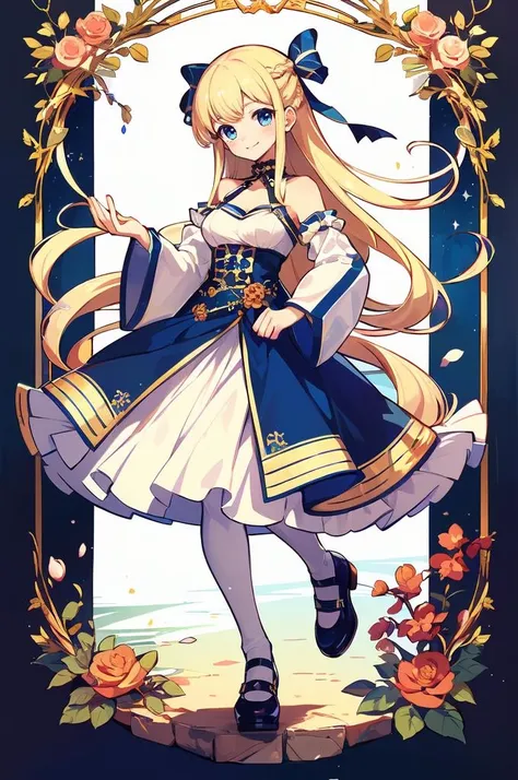 ultra detailed, masterpiece, best quality, solo, soft smile, light smile,
1girl, blue eyes, very long hair, blonde hair, long blonde hair, french braid, bangs, medium breasts,
hair ribbon, frilled choker, criss-cross halter, sleeveless dress, high-waist skirt, backless dress, waist bow, detached sleeves, frilled sleeves, wide sleeves, pantyhose, patterned legwear, mary janes, <lora:Merc_Storia_style:1> merc storia style