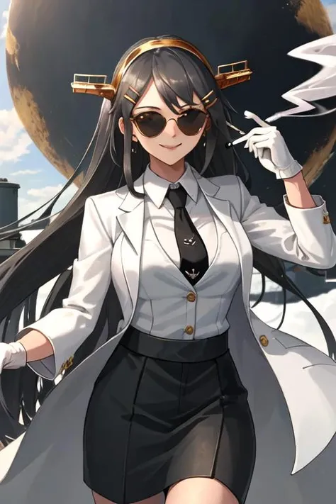 best quality, masterpiece, highres, solo, {black business suit:1.40}, {tie:1.20}, {sunglasses:1.25}, {white gloves:1.15}, {white shirt:1.10}, {black skirt:1.15}, {smoking:1.20}, handsome, {haruna_kantaicollection:1.15}, black_hair, long_hair, hair_ornament, hairband, brown_eyes, hairclip, blush, smile, headgear, breasts, nontraditional_miko, hair_between_eyes