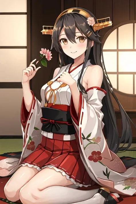 best quality, masterpiece, highres, solo, {haruna_kantaicollection:1.15}, black_hair, long_hair, hair_ornament, hairband, brown_eyes, hairclip, blush, smile, headgear, breasts, nontraditional_miko, hair_between_eyes, 1girl, alternate_costume, flower, hair_flower, japanese_clothes, kimono, looking_at_viewer, floral_print, obi, red_kimono, sash, wide_sleeves