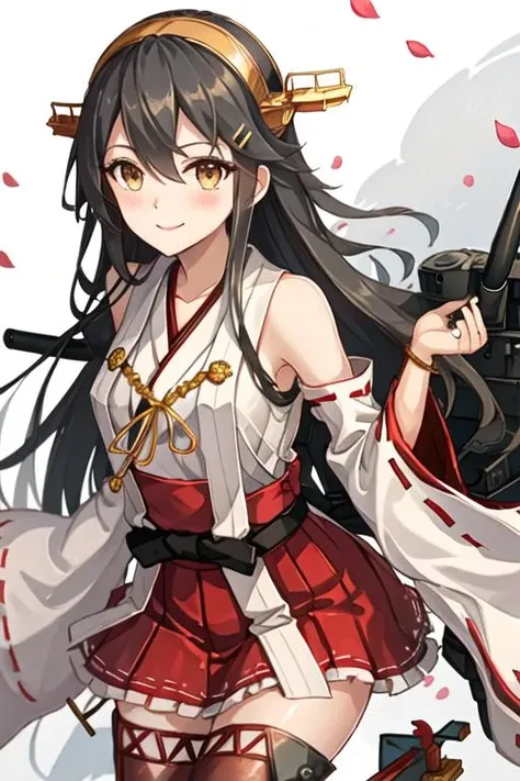 best quality, masterpiece, highres, solo, {haruna_kantaicollection:1.15}, black_hair, long_hair, hair_ornament, hairband, brown_eyes, hairclip, blush, smile, headgear, breasts, nontraditional_miko, hair_between_eyes, 1girl, bare_shoulders, detached_sleeves, japanese_clothes, jewelry, looking_at_viewer, ring, wedding_ring, ribbon-trimmed_sleeves, ribbon_trim, upper_body, petals, yellow_eyes