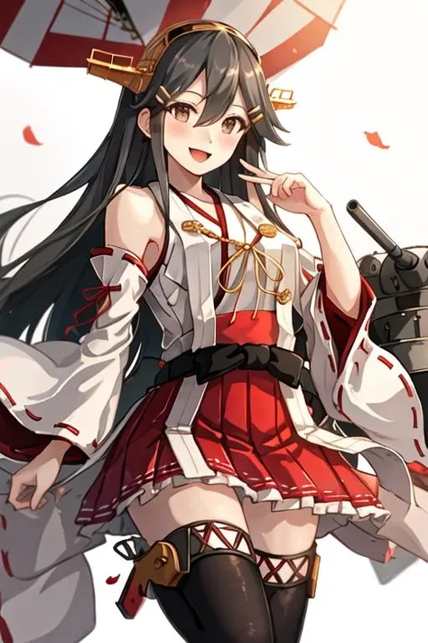 best quality, masterpiece, highres, solo, {haruna_kantaicollection:1.15}, black_hair, long_hair, hair_ornament, hairband, brown_eyes, hairclip, blush, smile, headgear, breasts, nontraditional_miko, hair_between_eyes, 1girl, bare_shoulders, detached_sleeves, japanese_clothes, looking_at_viewer, open_mouth
