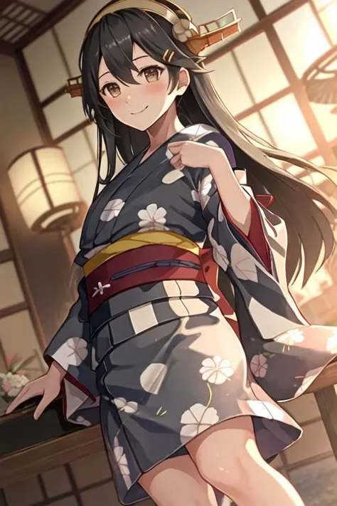 best quality, masterpiece, highres, solo, {yukata:1.40}, {kimono:1.20}, {haruna_kantaicollection:1.15}, black_hair, long_hair, hair_ornament, hairband, brown_eyes, hairclip, blush, smile, headgear, breasts, nontraditional_miko, hair_between_eyes