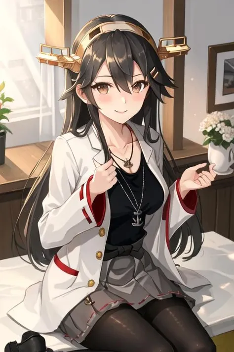 best quality, masterpiece, highres, solo, {haruna_kantaicollection:1.15}, black_hair, long_hair, hair_ornament, hairband, brown_eyes, hairclip, blush, smile, headgear, breasts, nontraditional_miko, hair_between_eyes, 1girl, black_shirt, grey_skirt, jacket, jewelry, looking_at_viewer, necklace, shirt, skirt, white_jacket, anchor_necklace, white_hairband, alternate_costume, long_sleeves, black_pantyhose, collarbone, pantyhose