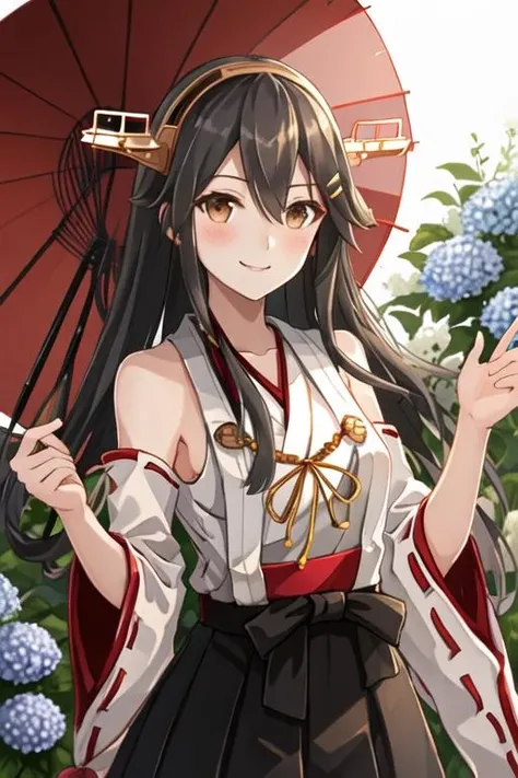 best quality, masterpiece, highres, solo, {haruna_kantaicollection:1.15}, black_hair, long_hair, hair_ornament, hairband, brown_eyes, hairclip, blush, smile, headgear, breasts, nontraditional_miko, hair_between_eyes, 1girl, green_shirt, holding, holding_umbrella, looking_at_viewer, official_alternate_costume, rain, shirt, umbrella, white_hairband, short_sleeves, skirt, upper_body, white_skirt, flower, hydrangea