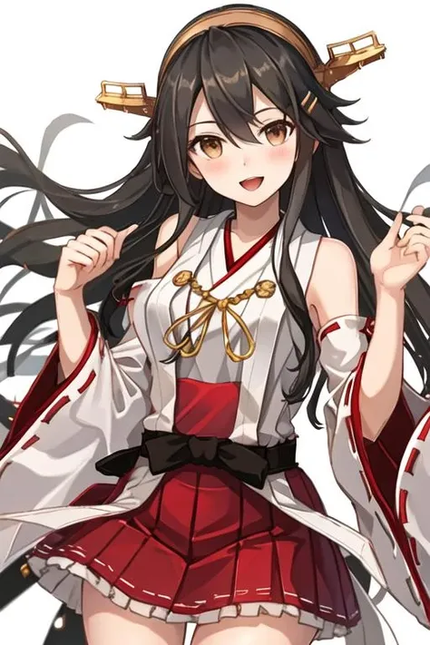 best quality, masterpiece, highres, solo, {haruna_kantaicollection:1.15}, black_hair, long_hair, hair_ornament, hairband, brown_eyes, hairclip, blush, smile, headgear, breasts, nontraditional_miko, hair_between_eyes, 1girl, detached_sleeves, japanese_clothes, looking_at_viewer, red_skirt, ribbon-trimmed_sleeves, ribbon_trim, skirt, bare_shoulders, simple_background, white_background, open_mouth, sarashi, wide_sleeves