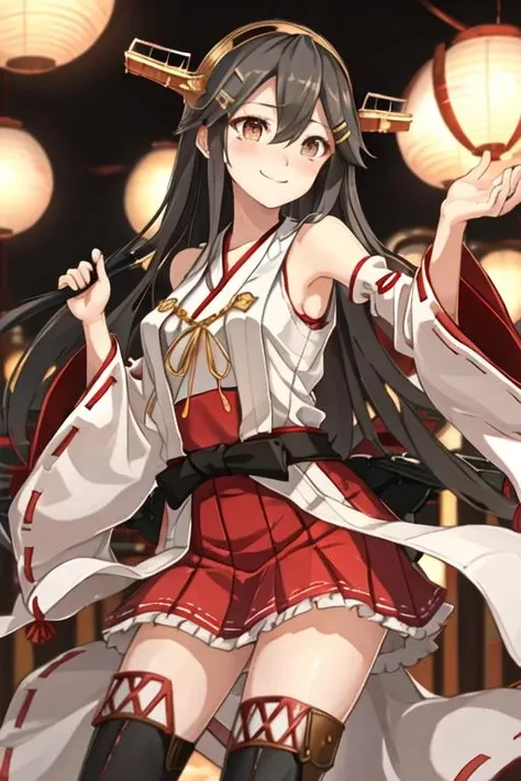 best quality, masterpiece, highres, solo, {haruna_kantaicollection:1.15}, black_hair, long_hair, hair_ornament, hairband, brown_eyes, hairclip, blush, smile, headgear, breasts, nontraditional_miko, hair_between_eyes, 1girl, bare_shoulders, detached_sleeves, japanese_clothes, tears, open_mouth, red_eyes, torn_clothes