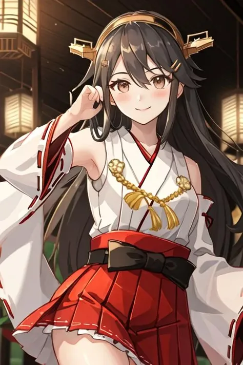 best quality, masterpiece, highres, solo, {white kimono:1.35}, {red hakama:1.35}, {wide sleeves:1.20}, {haruna_kantaicollection:1.15}, black_hair, long_hair, hair_ornament, hairband, brown_eyes, hairclip, blush, smile, headgear, breasts, nontraditional_miko, hair_between_eyes