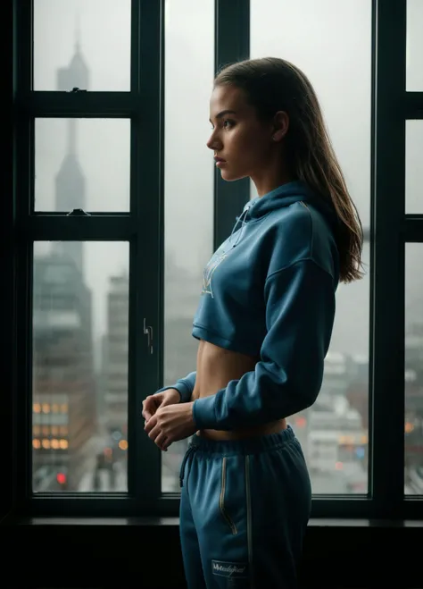 <lora:ZM_catherine:1>ZM_catherine, (((masterpiece))),(((best quality))), highly detailed, (1girl), standing in front of a window, wearing track pants and cropped sweatshirt, side profile, raining outside, detailed water, city lights reflecting off the window, dusk, dynamic lighting, shadows, kodak film, high budget, bokeh, moody, epic, gorgeous, film