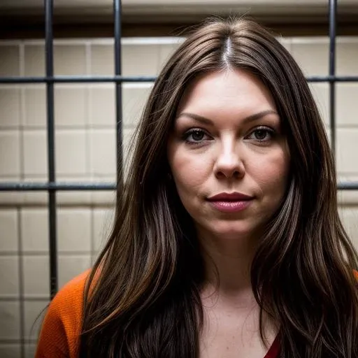 a Realistic photo of a laura prepon with brown eyes and long brown Hair style, looking at the viewer, detailed face, detailed eyes, wearing an orange prison jumper, perfect slim body, modelshoot style, soft lighting, professional Photography, Photorealistic, detailed, standing in a jail cell background, blurred background, RAW, analog, sharp focus, 8k, HD, DSLR, high quality, Fujifilm XT3, film grain, award winning, masterpiece
<lora:laura prepon v1.2:1>