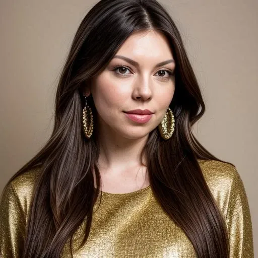 a Realistic portrait of a laura prepon woman with brown eyes and long brown Hair style, looking at the viewer, detailed face, detailed eyes, perfect slim body, modelshoot style, hand on own shoulder, wearing a dress with long sleeves, wearing gold earrings and jewelry, soft lighting, professional Photography, Photorealistic, detailed, standing in a dark Studio Room background, blurred background, RAW, analog, sharp focus, 8k, HD, DSLR, high quality, Fujifilm XT3, film grain, award winning, masterpiece <lora:laura prepon v1.2:1>