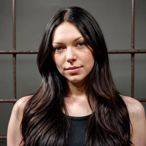 a Realistic portrait of laura prepon with brown eyes and long black hair style, looking at the viewer, detailed face, detailed eyes, perfect slim body, modelshoot style, hands on hips, wearing (orange) clothing , soft lighting, professional Photography, Photorealistic, detailed, standing in a prison cell background (bars), RAW, analog, sharp focus, 8k, HD, DSLR, high quality, Fujifilm XT3, film grain, award winning, masterpiece<lora:laura prepon v1.35:1>