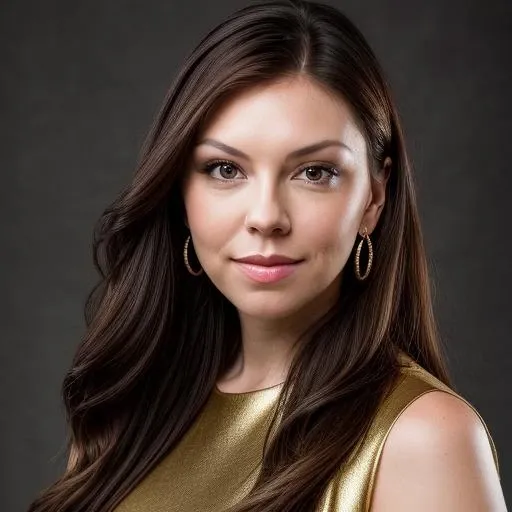 a Realistic portrait of a laura prepon woman with brown eyes and long brown Hair style, looking at the viewer, detailed face, detailed eyes, perfect slim body, modelshoot style, hand on own shoulder, wearing a dress with long sleeves, wearing gold earrings and jewelry, soft lighting, professional Photography, Photorealistic, detailed, standing in a dark Studio Room background, blurred background, RAW, analog, sharp focus, 8k, HD, DSLR, high quality, Fujifilm XT3, film grain, award winning, masterpiece <lora:laura prepon v1.2:1>