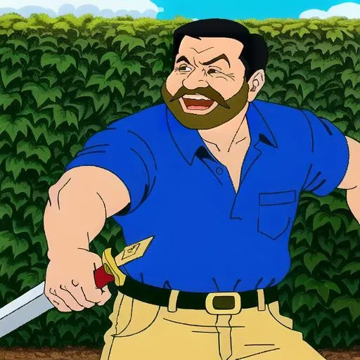 cartoon, illustration, <lora:billy_8bitadam:1>,<lora:zeldaCDIStyleLora_256Dim:0.75>, billy mays, dude, smile,sword, blue shirt, khaki pants, smile, short beard, hedge maze, standing, adventurer, incredibly detailed face, masterpiece, best quality, detailed, highres, absurdres, 8k, 4k, hd, high quality, high definition,