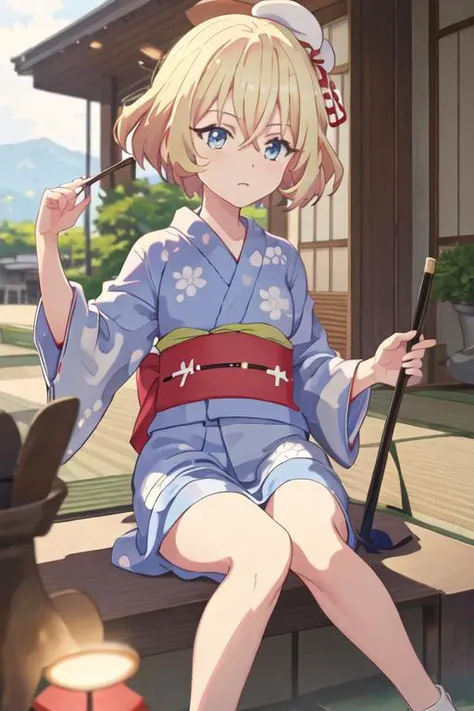 best quality, masterpiece, highres, solo, {yukata:1.40}, {kimono:1.20}, {rieru_jashinchandropkick:1.15}, blonde_hair, short_hair, hat, blue_eyes, sleeveless