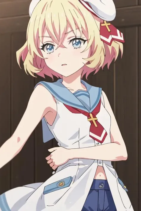 best quality, masterpiece, highres, solo, {rieru_jashinchandropkick:1.15}, blonde_hair, short_hair, hat, blue_eyes, sleeveless, 1girl, sailor_collar, school_uniform, white_headwear, upper_body, blue_sailor_collar