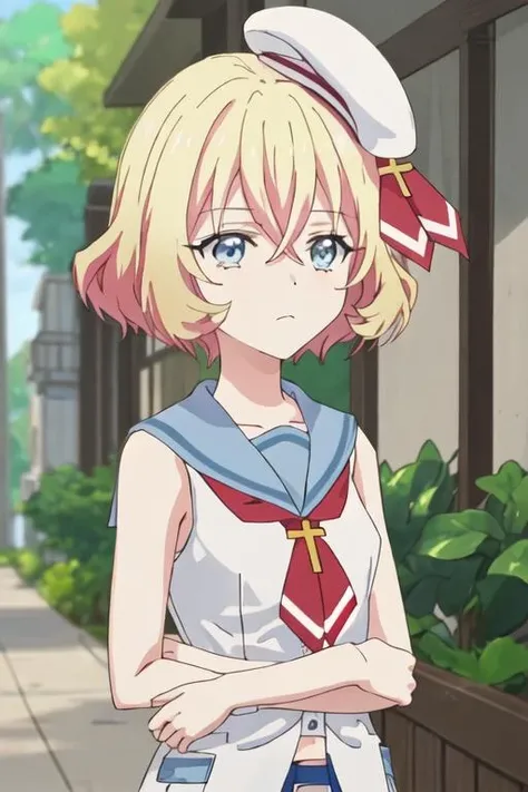 best quality, masterpiece, highres, solo, {rieru_jashinchandropkick:1.15}, blonde_hair, short_hair, hat, blue_eyes, sleeveless, 1girl, sailor_collar, white_headwear, closed_mouth, hair_between_eyes, neckerchief, school_uniform, upper_body, bangs, beret, blue_sailor_collar, cross, looking_at_viewer, shirt, mini_hat, sleeveless_shirt, outdoors