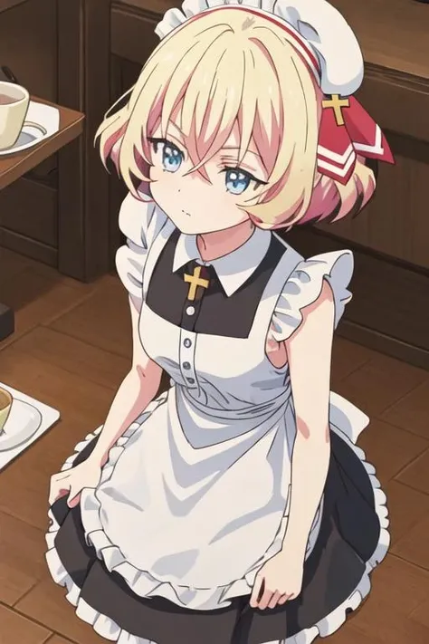best quality, masterpiece, highres, solo, {maid:1.40}, {long maid dress:1.15}, {rieru_jashinchandropkick:1.15}, blonde_hair, short_hair, hat, blue_eyes, sleeveless