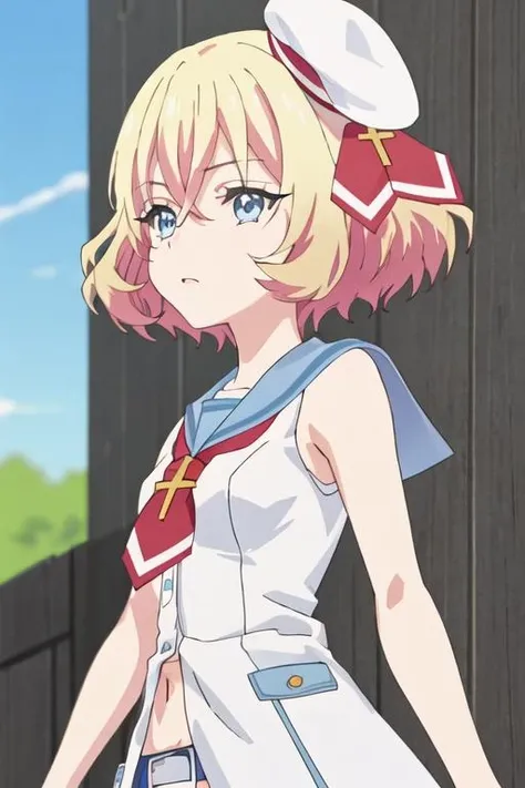 best quality, masterpiece, highres, solo, {rieru_jashinchandropkick:1.15}, blonde_hair, short_hair, hat, blue_eyes, sleeveless, 1girl, closed_eyes, sailor_collar, school_uniform, smile, upper_body