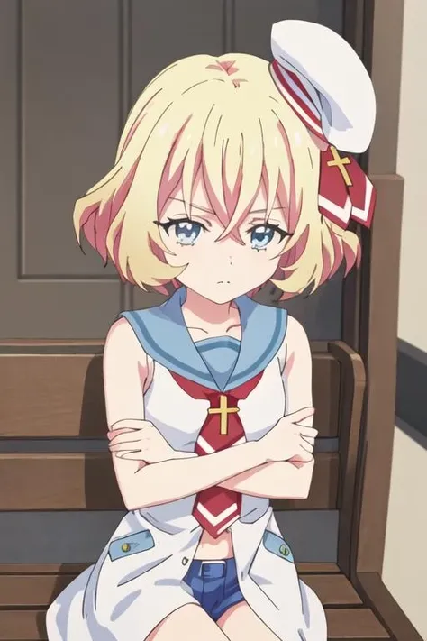 best quality, masterpiece, highres, solo, {rieru_jashinchandropkick:1.15}, blonde_hair, short_hair, hat, blue_eyes, sleeveless, 1girl, hair_ribbon, ribbon, anime_coloring, parody, sailor_collar, closed_mouth