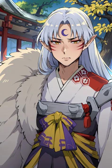 best quality, masterpiece,(a mature man) sesshomaru,((upper body, head turned to the side)), japanese forest with a shrine in the background,daytime, standing, <lora:sesshomaru_v2:0.8>, fur trim, fur