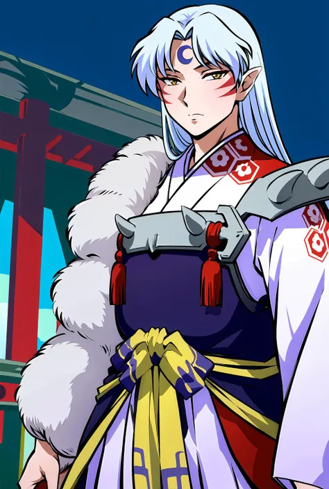 (a mature man), sesshomaru, ((upper body, head turned to the side)), japanese forest with a shrine in the background,daytime, standing, <lora:sesshomaru_v2:1>, official style