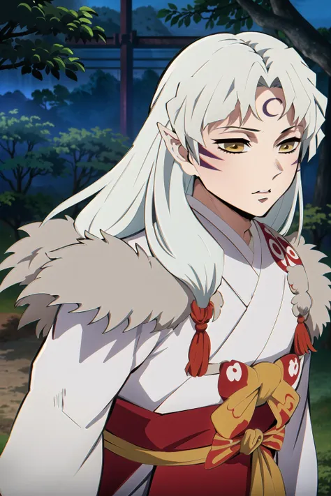 best quality, masterpiece,(a 30 years old man)  sesshomaru,((upper body, head turned to the side)), japanese forest with a shrine in the background,daytime, standing, <lora:sesshomaru_v2:0.8>, fur trim,  fur,   <lora:demonSlayerKimetsuNo_offset:1>, anime coloring