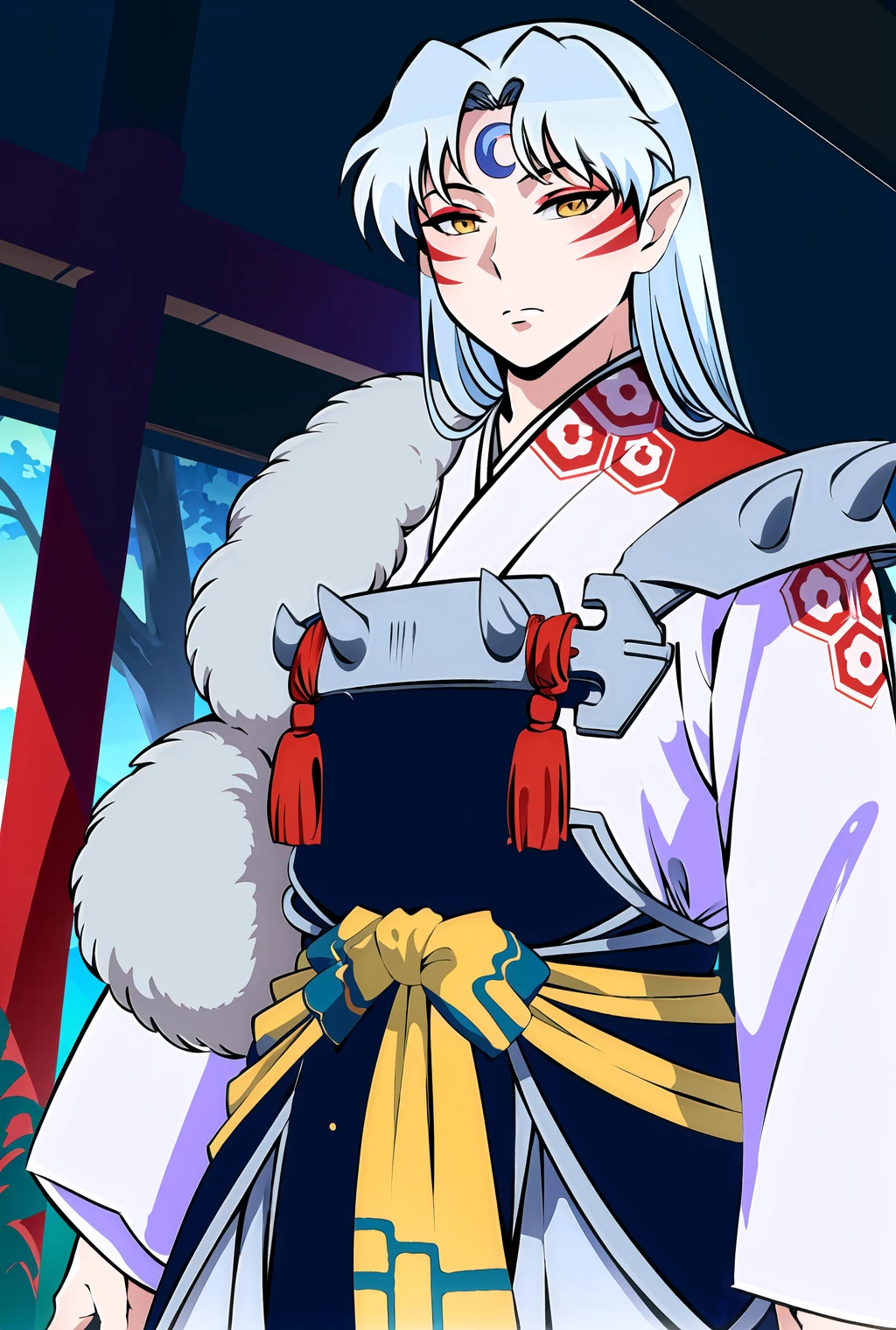 (a mature man), sesshomaru, ((upper body, head turned to the side)), japanese forest with a shrine in the background,daytime, standing, <lora:sesshomaru_v2:1>