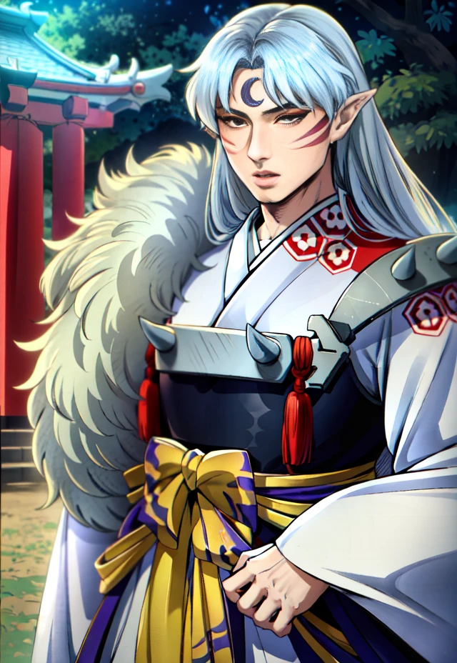 best quality, masterpiece,(a mature man) sesshomaru,((upper body, head turned to the side)), japanese forest with a shrine in the background,daytime, standing,, fur trim, fur , <lora:sesshomaru_v2:1>