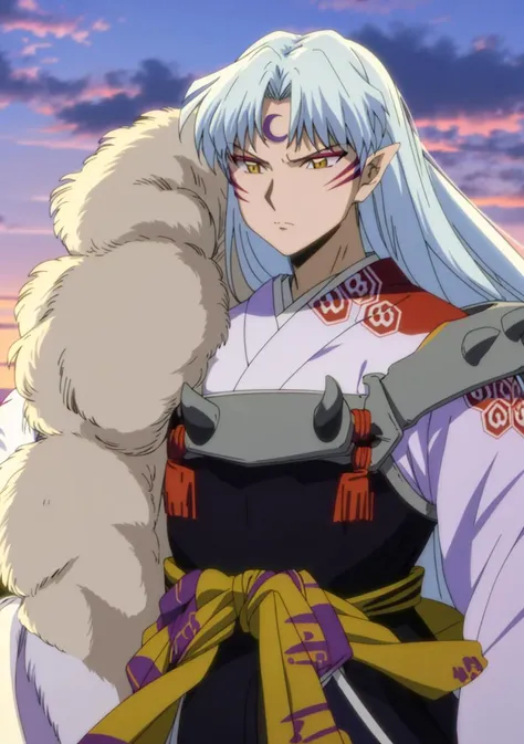sesshomaru, yellow eyes, anime, perfect face, perfect lighting, outdoors, warm colors, dark purple sky, autumn sunset, <lora:sesshomaru_v2:1> \(inuyasha\), baring claw, ready to fight